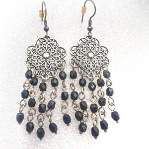 Brighton‎ Chandelier Earrings Filigree Medallion Faceted Black Beads Silver tone